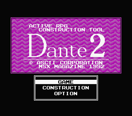 Title screen for the original Japanese version of Active RPG Construction Tool Dante 2 アクション RPG コンストラクションツール Dante 2 Title screen for the original Japanese version of Active RPG Construction Tool Dante 2 アクション RPG コンストラクションツール Dante 2